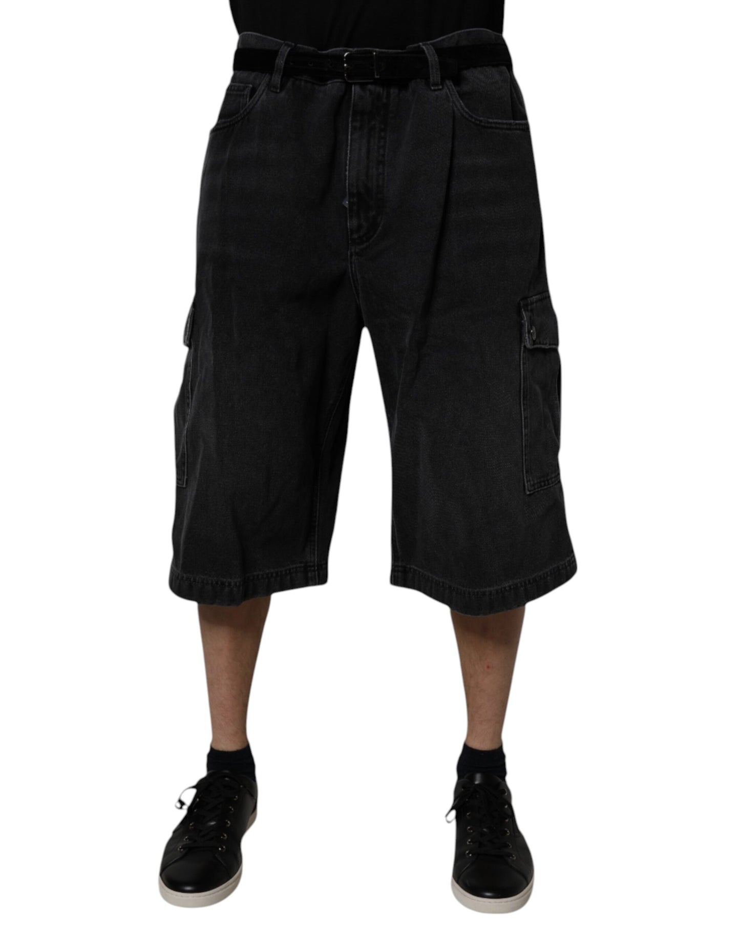 Black Cotton Cargo Denim Men Bermuda Shorts