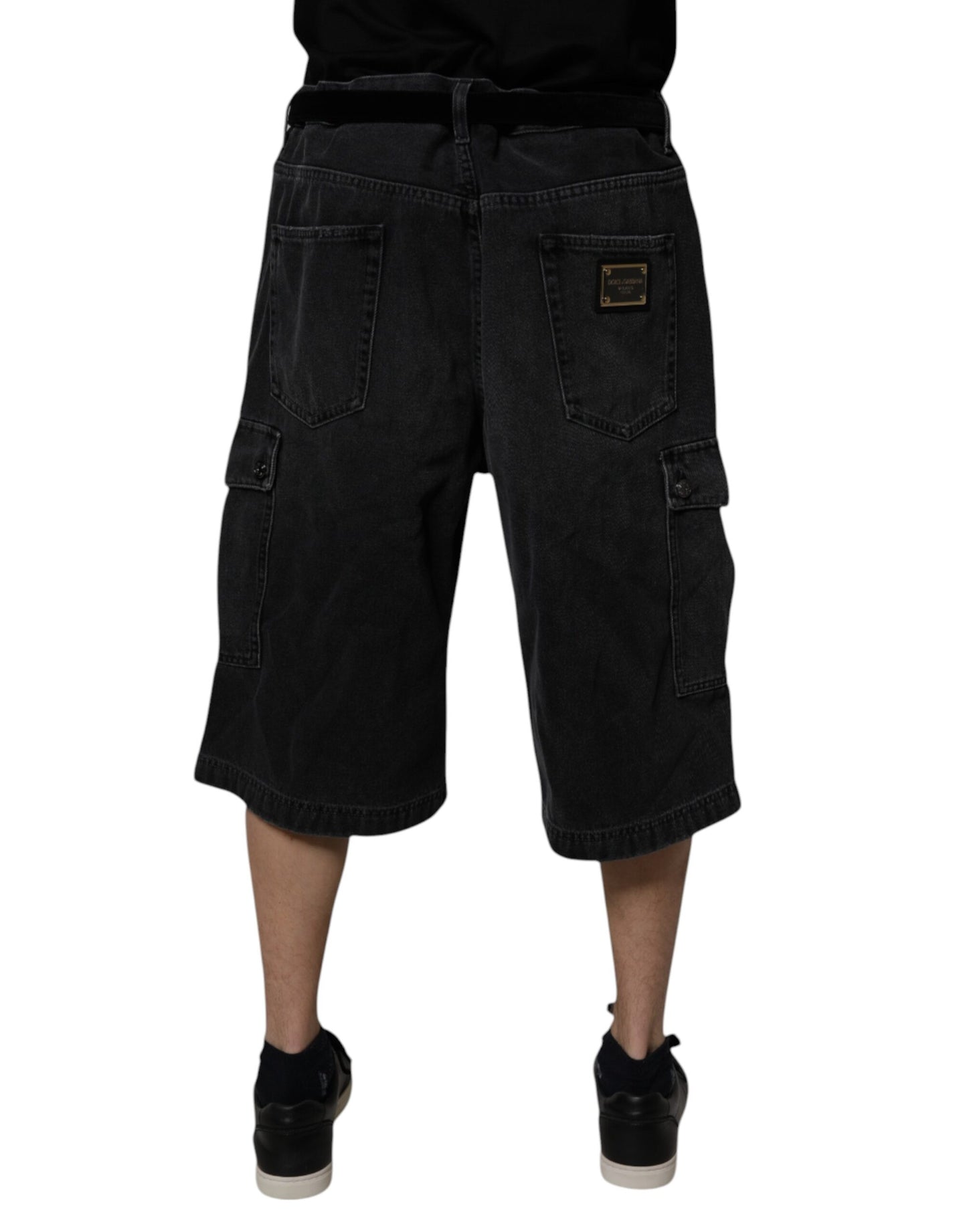 Black Cotton Cargo Denim Men Bermuda Shorts