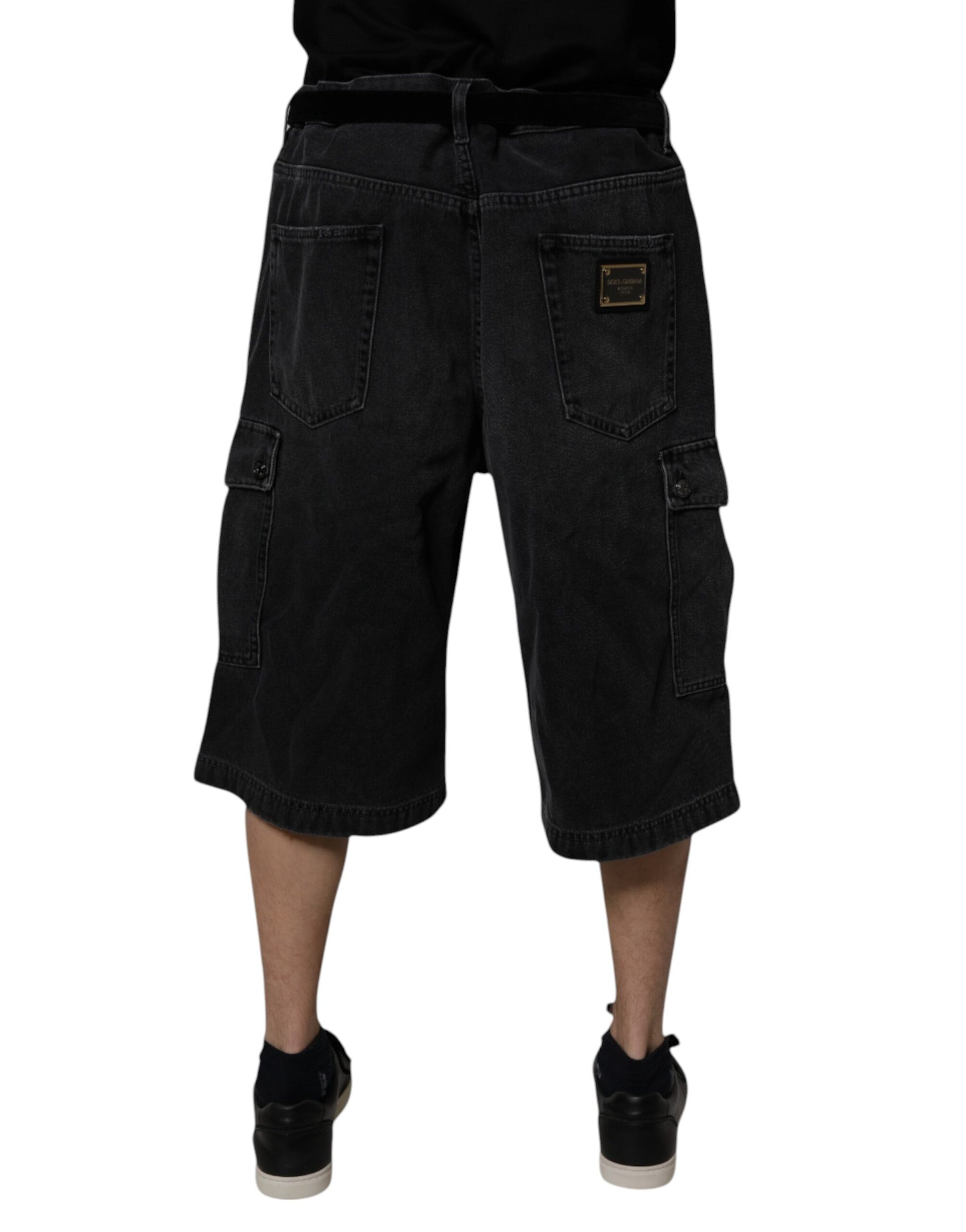Black Cotton Cargo Denim Men Bermuda Shorts