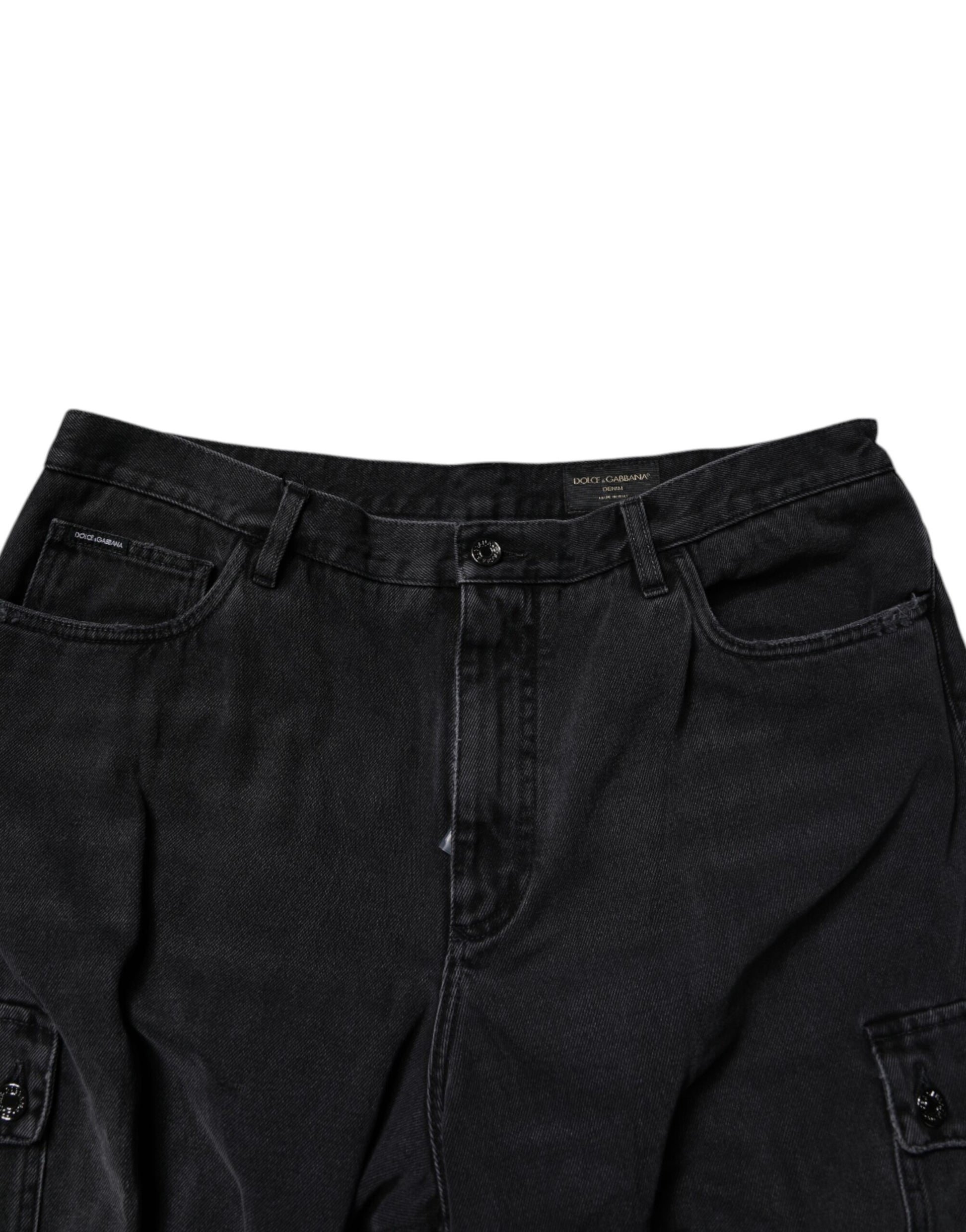 Black Cotton Cargo Denim Men Bermuda Shorts