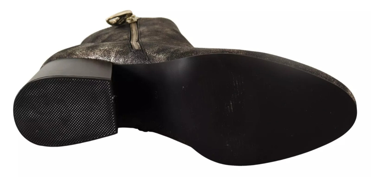 Black Leather Block Heels Ankle Boots Zipper Shoes