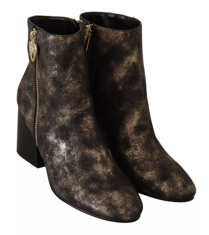 Black Leather Block Heels Ankle Boots Zipper Shoes