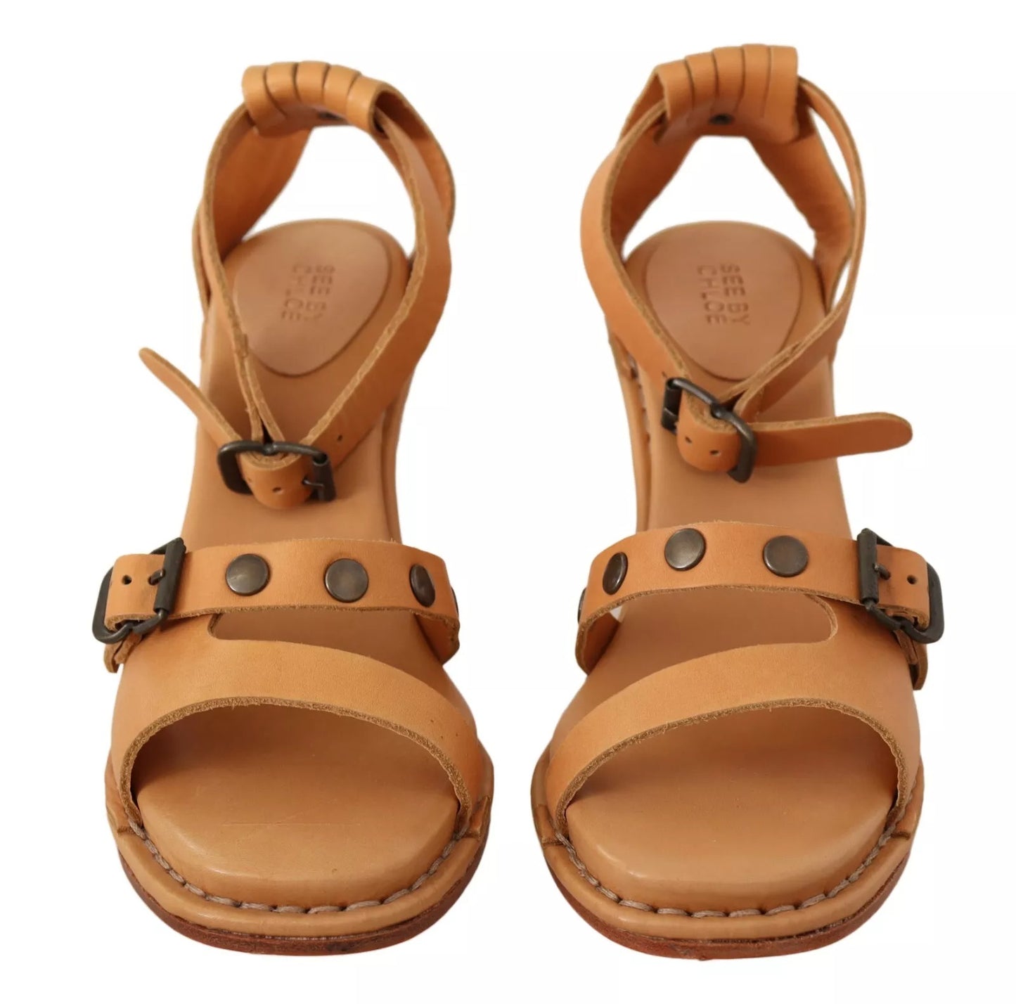 Brown Leather Studded Ankle Strap Sandals Shoes