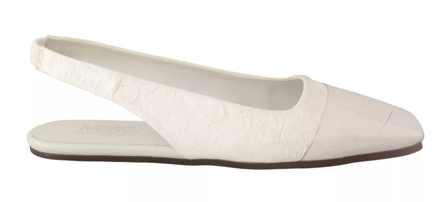 White Leather Slingback Slip On Flats Shoes