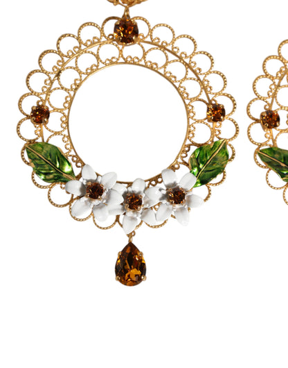Gold Floral Filigree Hoop Enamel Amber Crystals Earrings