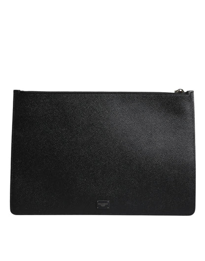 Black Leather Golden Pig Print Logo Plaque Men Pouch Bag
