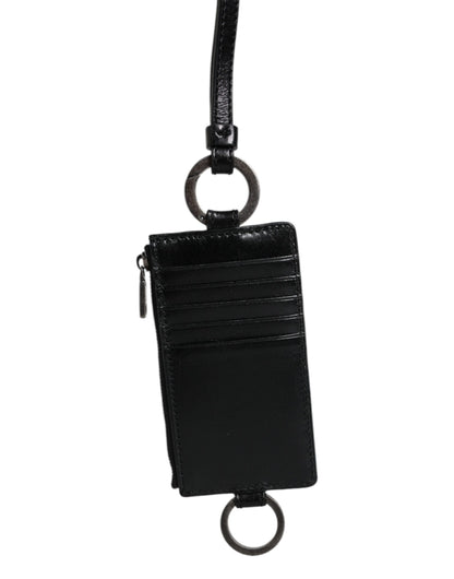 Black Calf Leather Lanyard Logo Card Holder Wallet