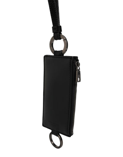 Black Calf Leather Lanyard Logo Card Holder Wallet