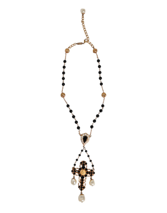 Gold Brass Black Beaded Chain Rosary Pendant Necklace