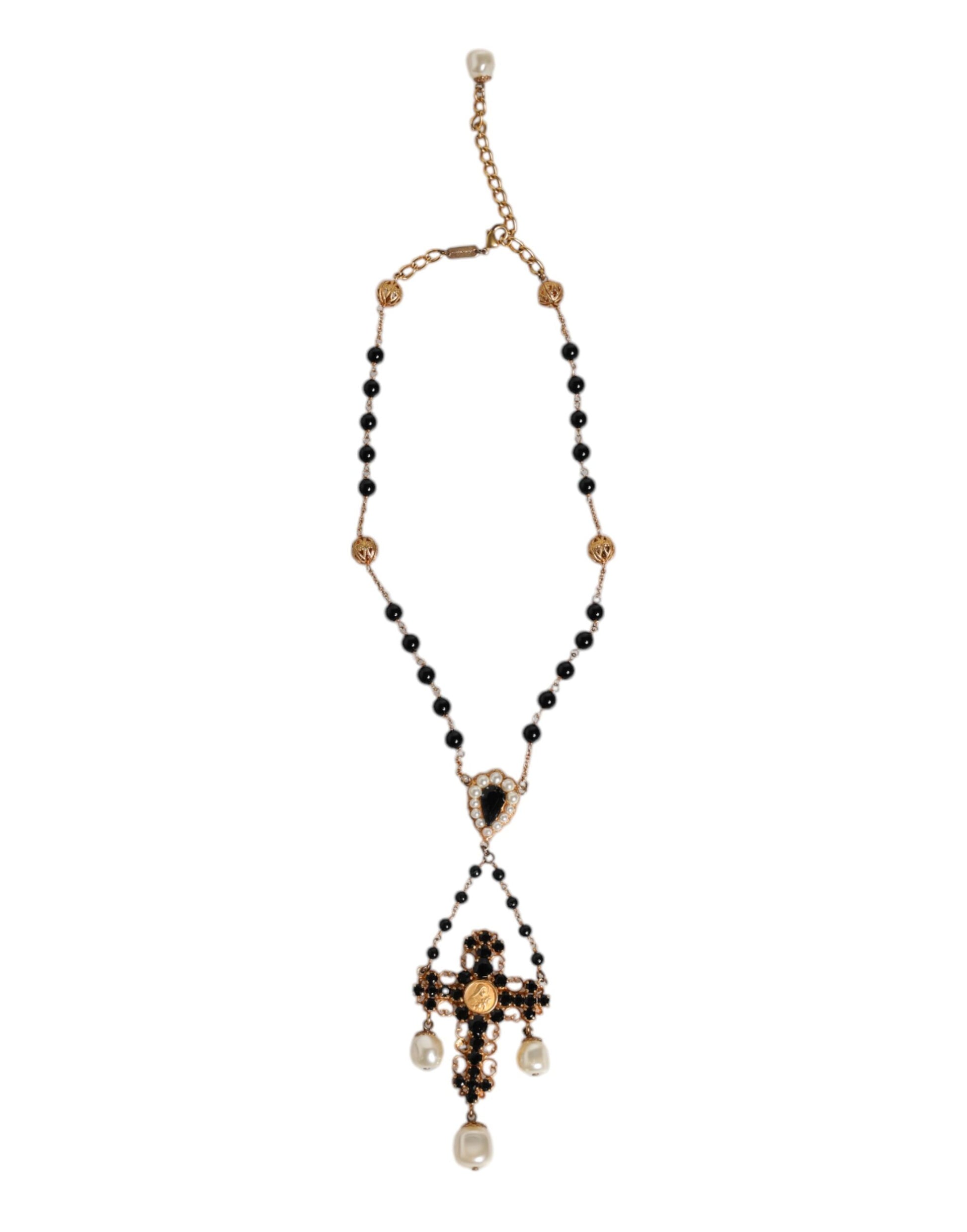 Gold Brass Black Beaded Chain Rosary Pendant Necklace