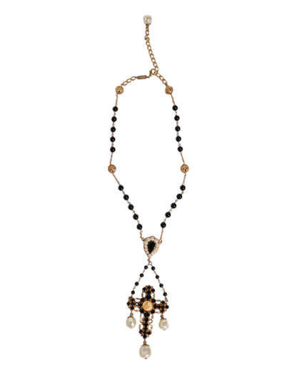 Gold Brass Black Beaded Chain Rosary Pendant Necklace