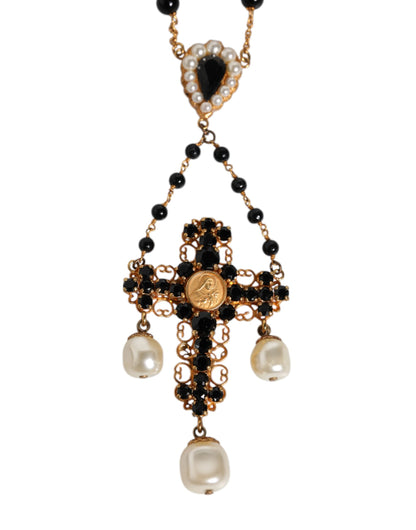 Gold Brass Black Beaded Chain Rosary Pendant Necklace
