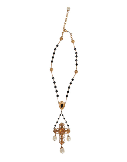 Gold Brass Black Beaded Chain Rosary Pendant Necklace