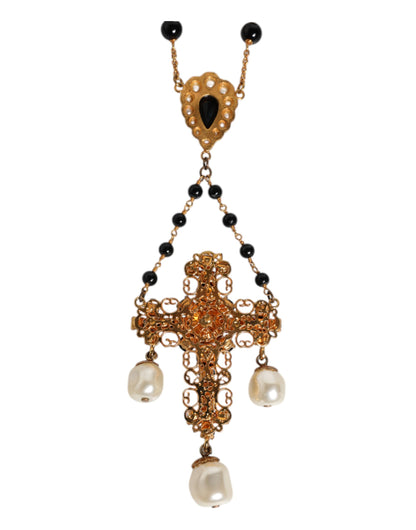 Gold Brass Black Beaded Chain Rosary Pendant Necklace