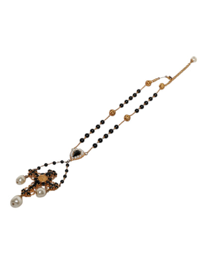 Gold Brass Black Beaded Chain Rosary Pendant Necklace