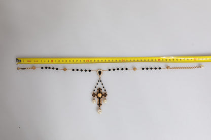 Gold Brass Black Beaded Chain Rosary Pendant Necklace