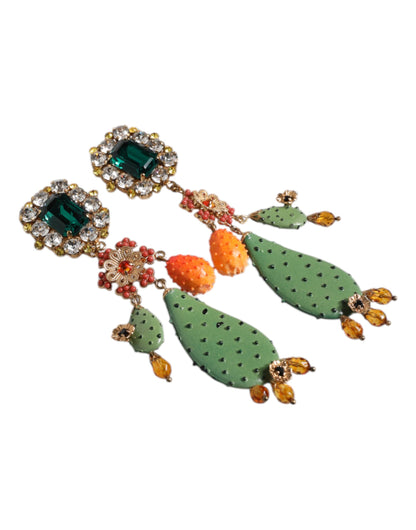 Green Cactus Crystal Clip On Dangling Jewelry Earrings