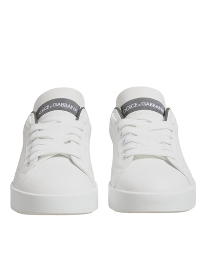 White Gray Leather Low Top Sneakers Shoes