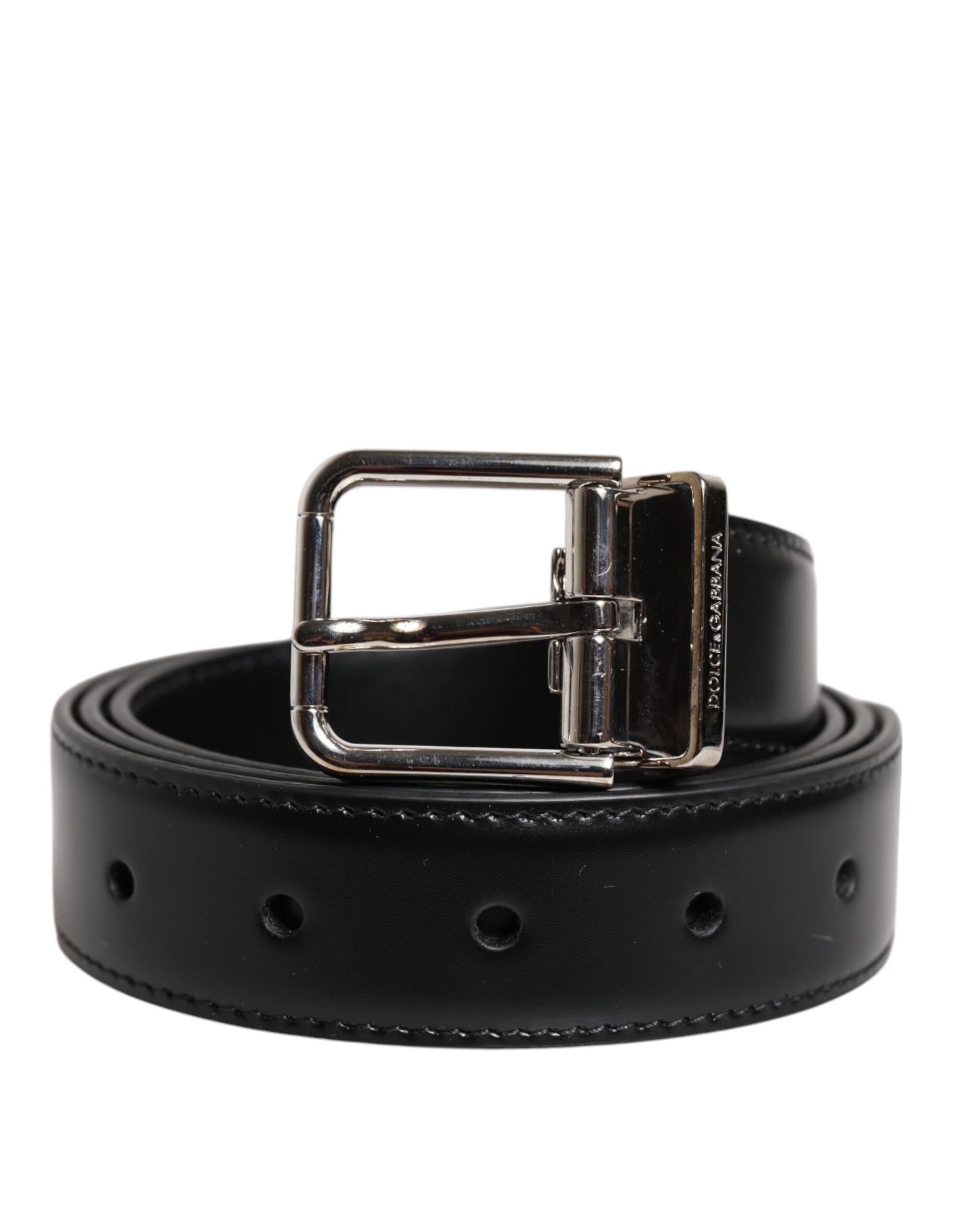 Black Calf Leather Silver Metal Buckle Belt