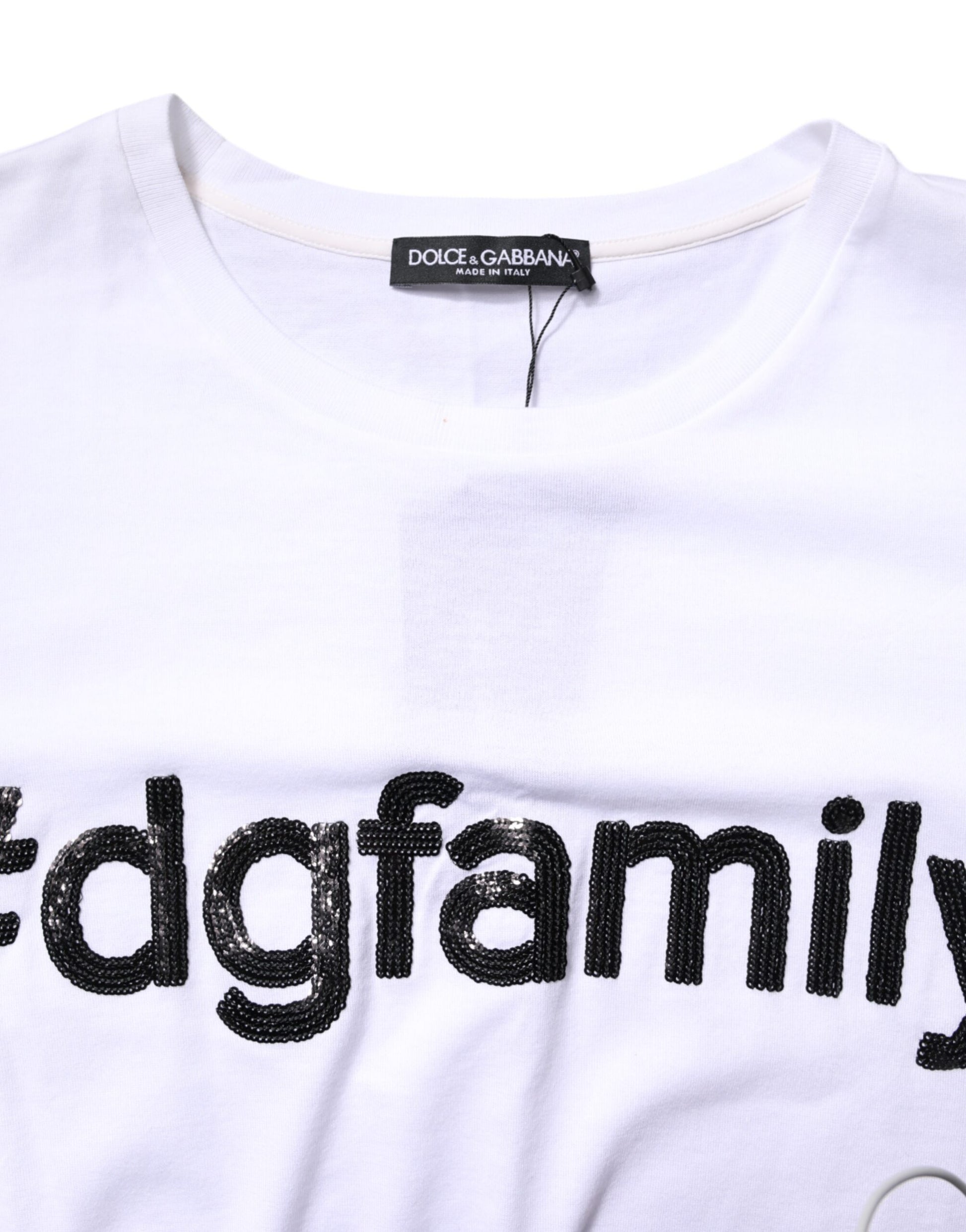 White #DGFamily Print Cotton Crew Neck T-shirt
