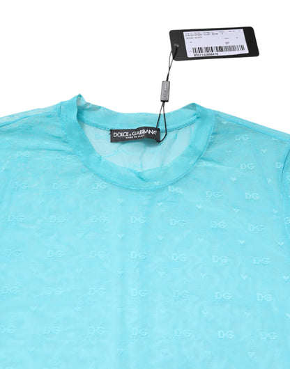 Blue Nylon See Through Women Short Sleeves Top