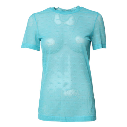 Blue Nylon See Through Women Short Sleeves Top