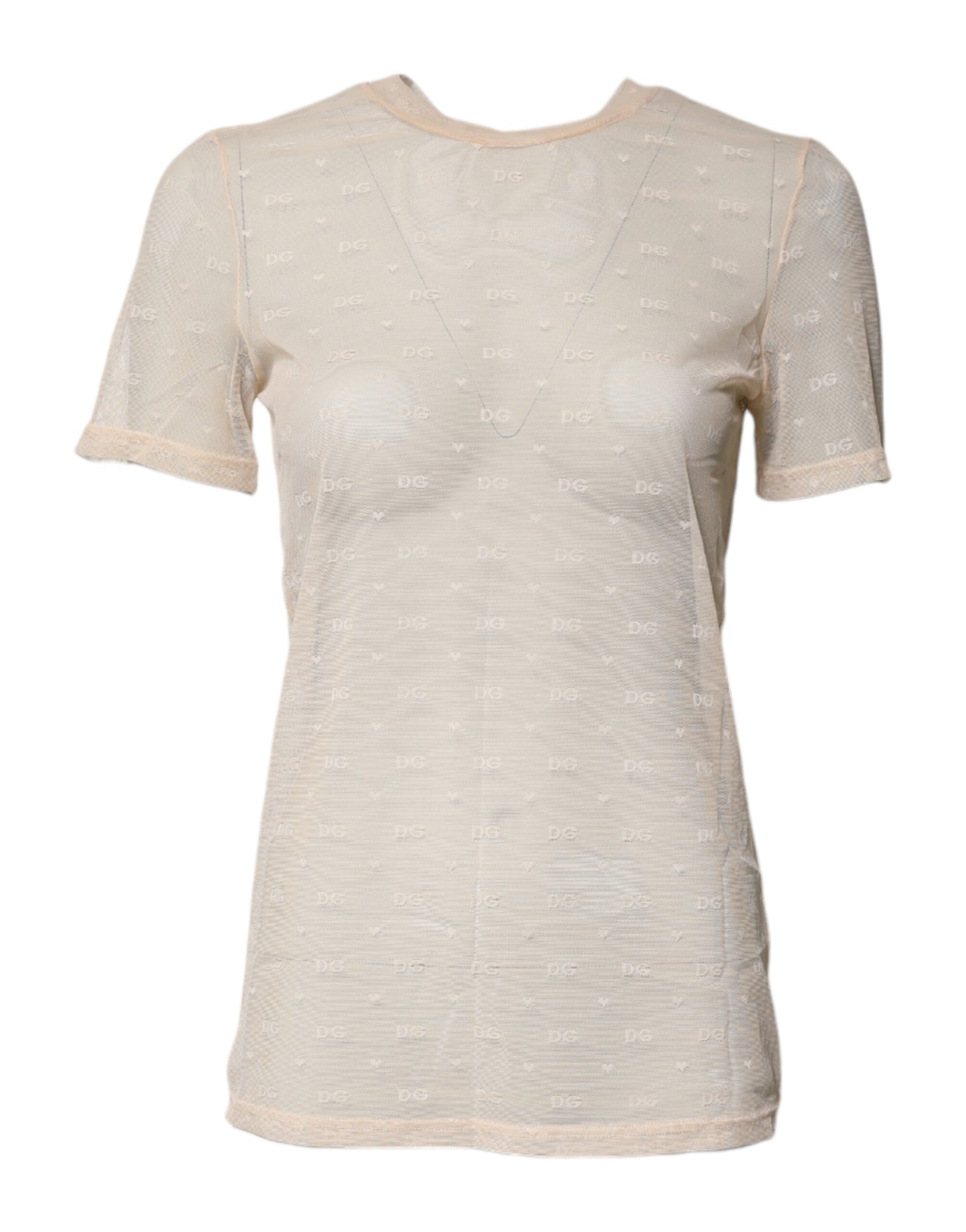 Ivory Nylon See Through Women Short Sleeves Top