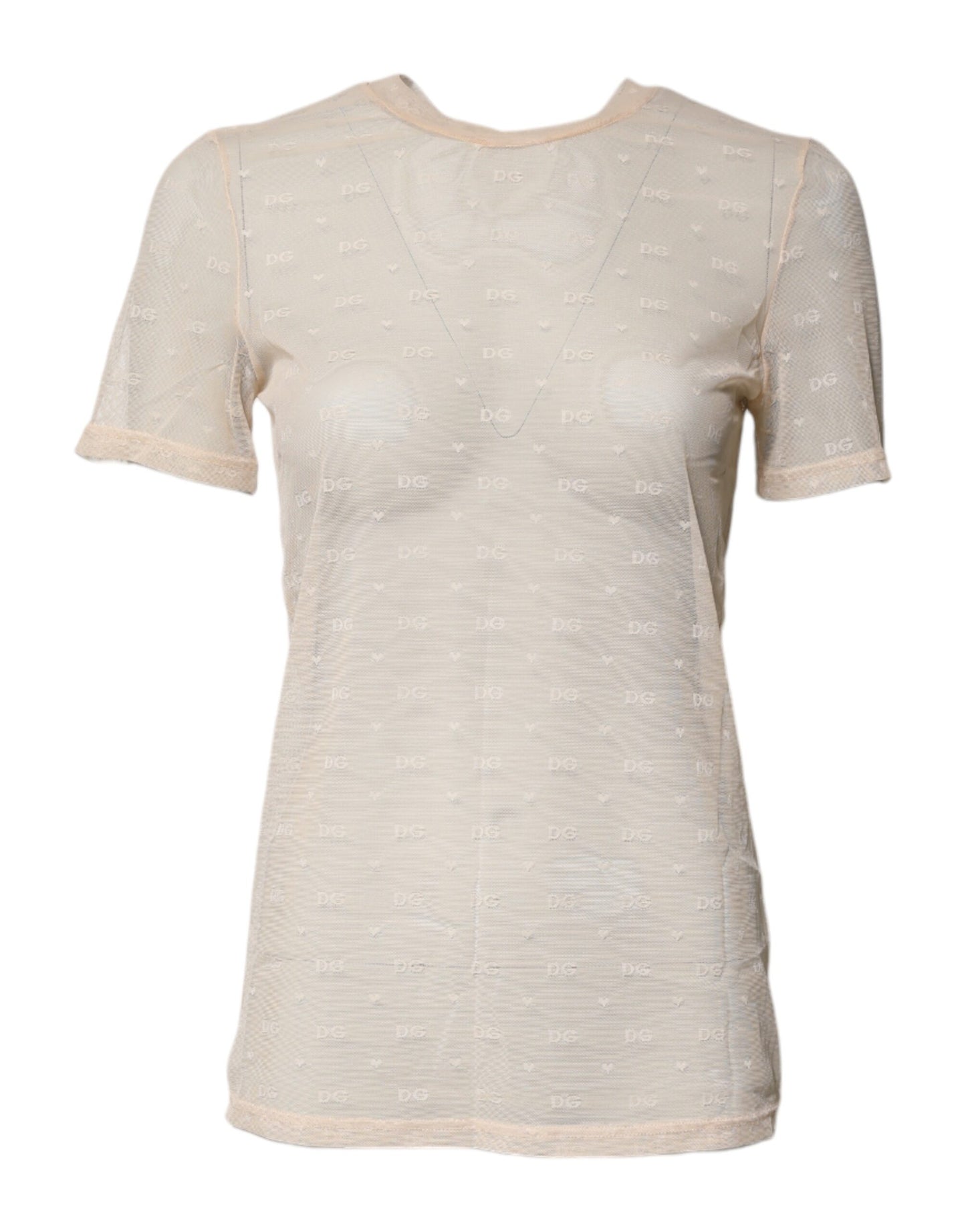 Ivory Nylon See Through Women Short Sleeves Top