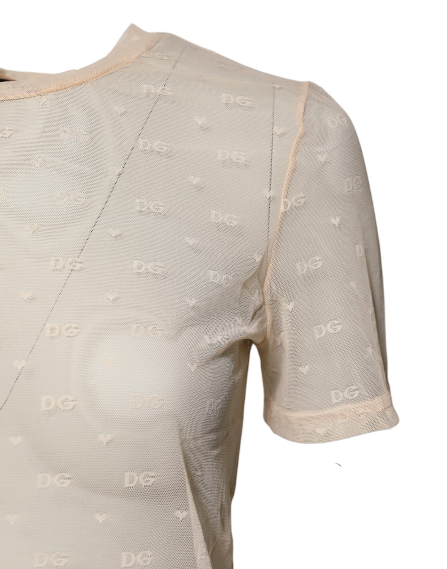 Ivory Nylon See Through Women Short Sleeves Top