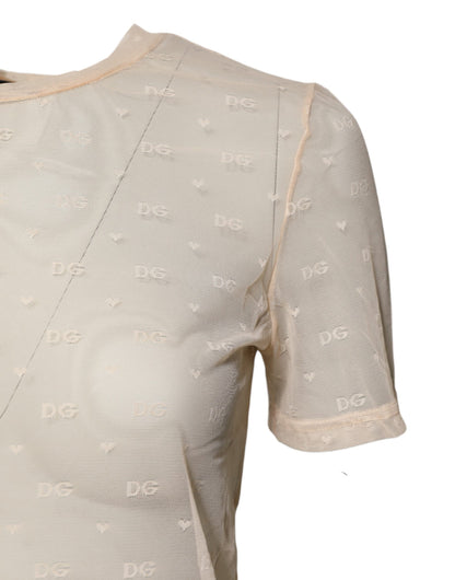 Ivory Nylon See Through Women Short Sleeves Top