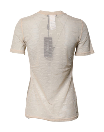 Ivory Nylon See Through Women Short Sleeves Top