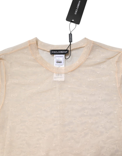 Ivory Nylon See Through Women Short Sleeves Top