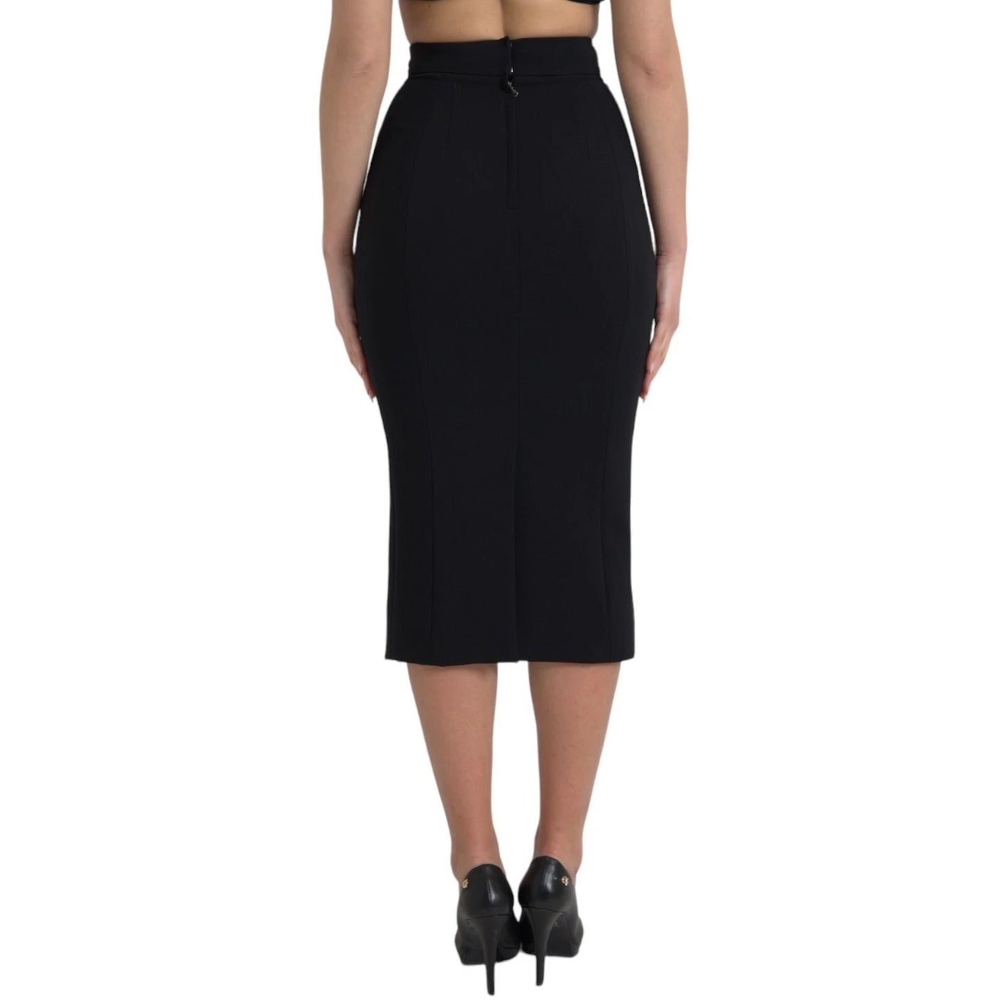 Black Wool High Waist Pencil Cut Midi Skirt