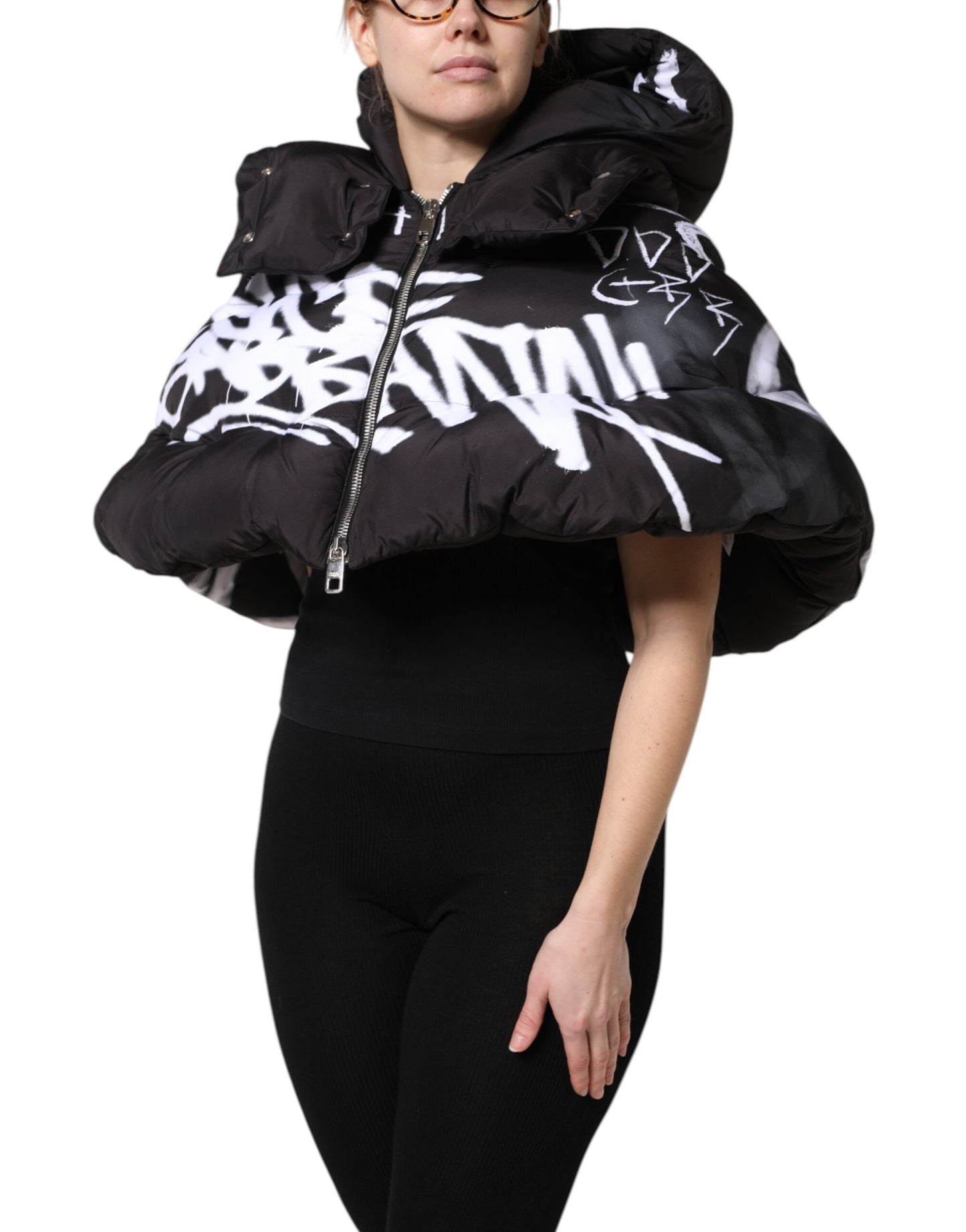 Black Padded Hooded Full Zip Cropped Jacket