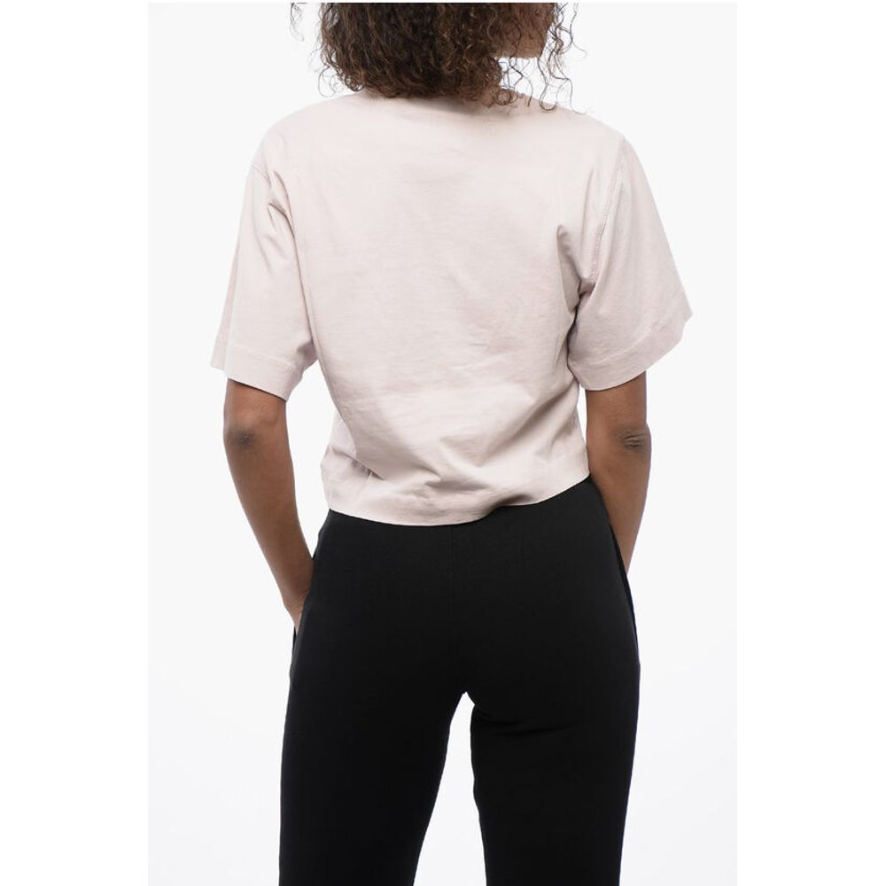 Crew-neck Crop T-Shirt with Rhinestones Embellished Logo