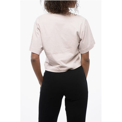 Crew-neck Crop T-Shirt with Rhinestones Embellished Logo