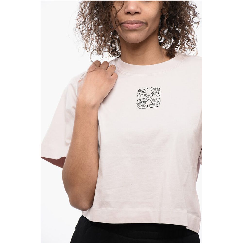 Crew-neck Crop T-Shirt with Rhinestones Embellished Logo