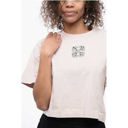 Crew-neck Crop T-Shirt with Rhinestones Embellished Logo