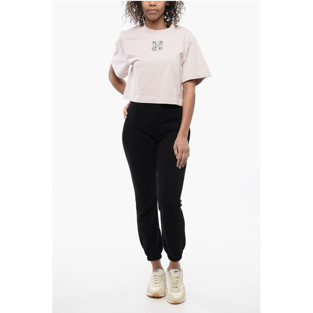 Crew-neck Crop T-Shirt with Rhinestones Embellished Logo